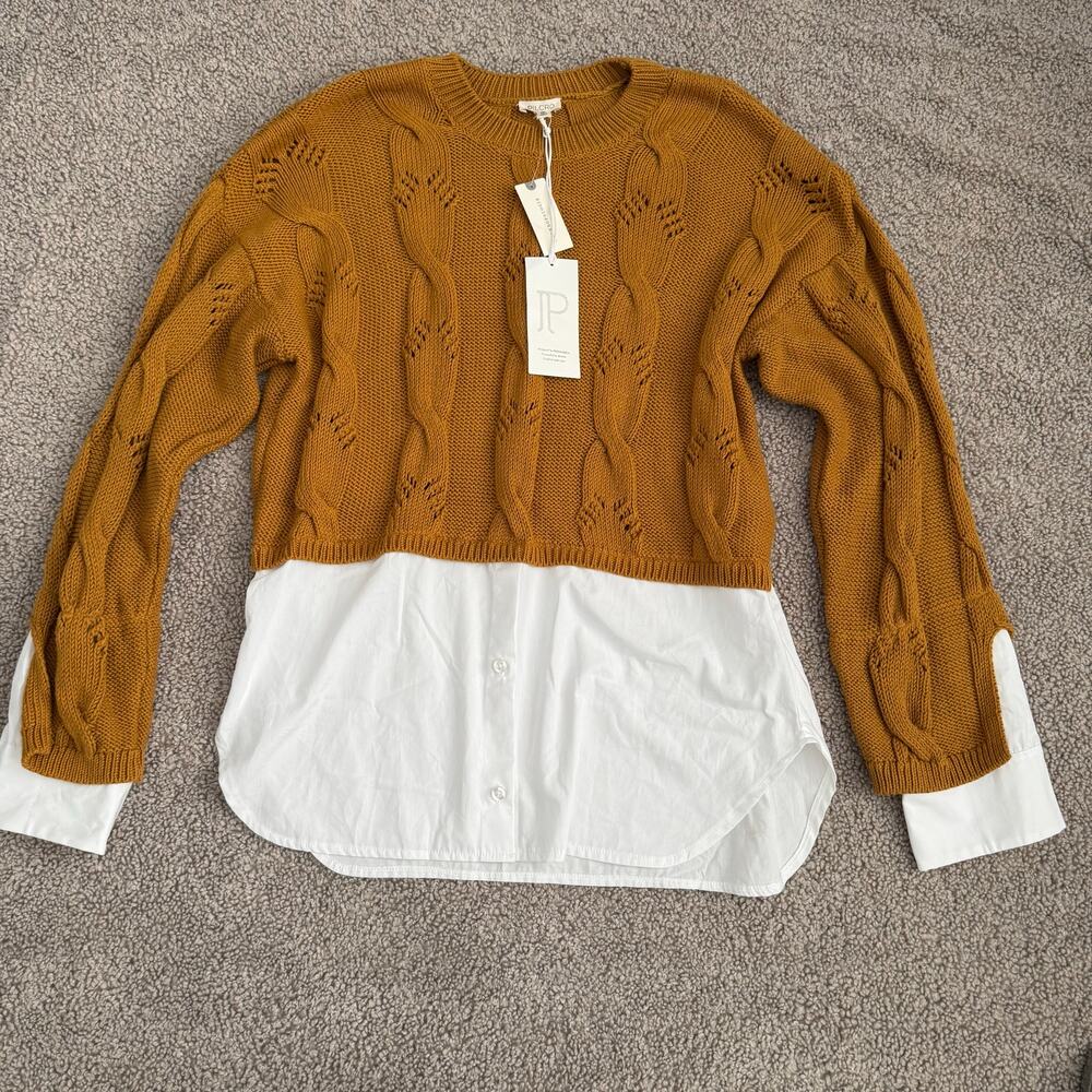 NWT Pilcro Anthropologie Cable Knit Twofer Sweater Shirt Layered Brown M